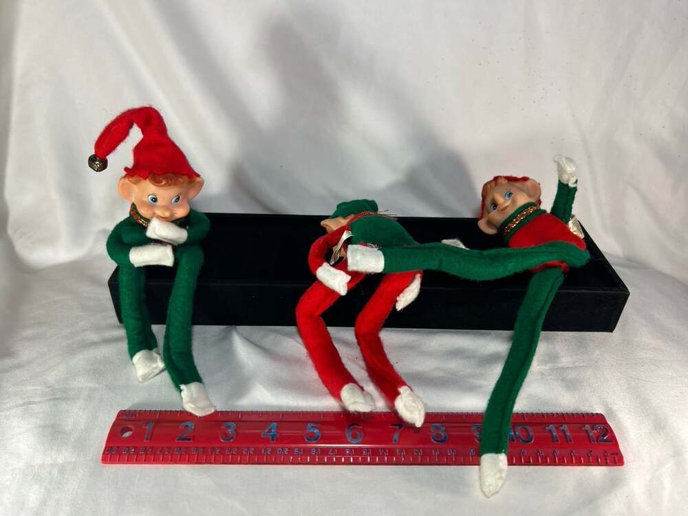 3 VTG Pixie Elf sitters mischievous red and green with bells